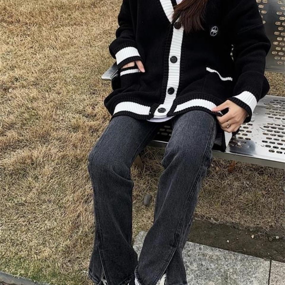 Áo khoác cardigan dệt kim dáng rộng phối màu tương phản thời trang cho nữ