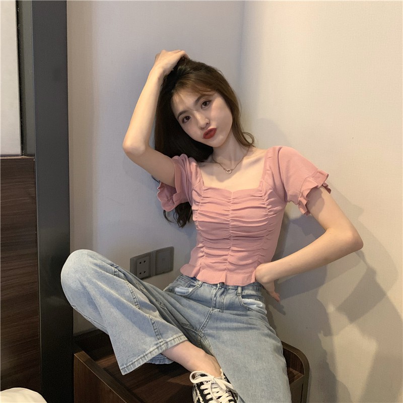 Áo cổ vuông rúm ngực chất len tăm co giãn Hàn Quốc, Áo peplum ulzzang nhún freesize điệu đà cực xinh tôn dáng | BigBuy360 - bigbuy360.vn