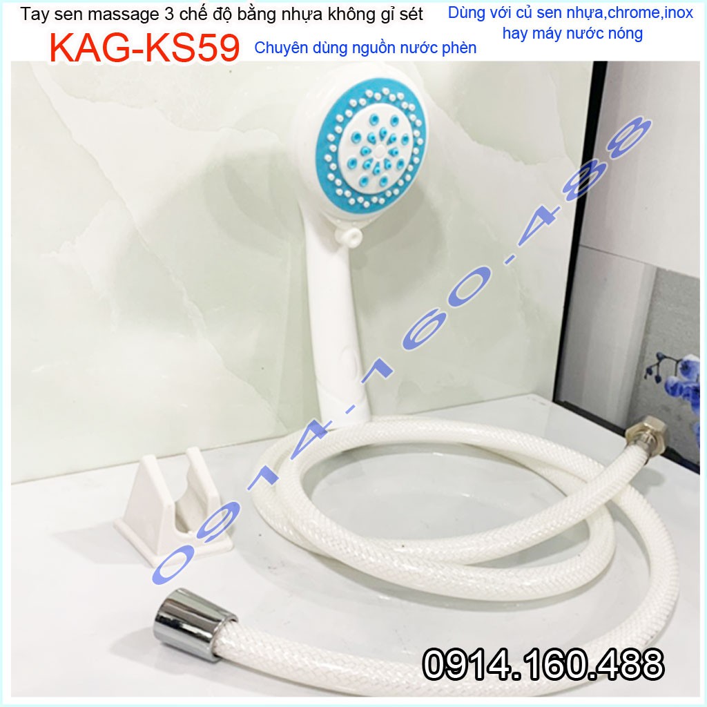 Vòi sen nhựa KAG-KS59 Shower head, trọn bộ bát sen nhựa 100% dùng vùng nước phèn không gỉ séc tia phun nước mạnh sử dụng