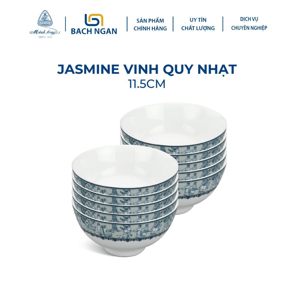 Bộ 10 Chén Ăn Cơm Minh Long 11.5 cm Jasmine Họa Tiết Vinh Quy Nhạt, sứ cao cấp, đẹp, dùng gia đình, tặng quà