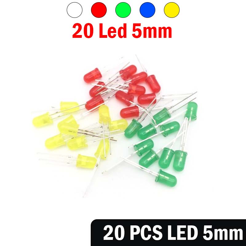 Gói 20 Led 5mm siêu sáng chóa màu chân dài Các màu Đỏ Xanh lá Xanh dương Trắng Vàng Led rời chân