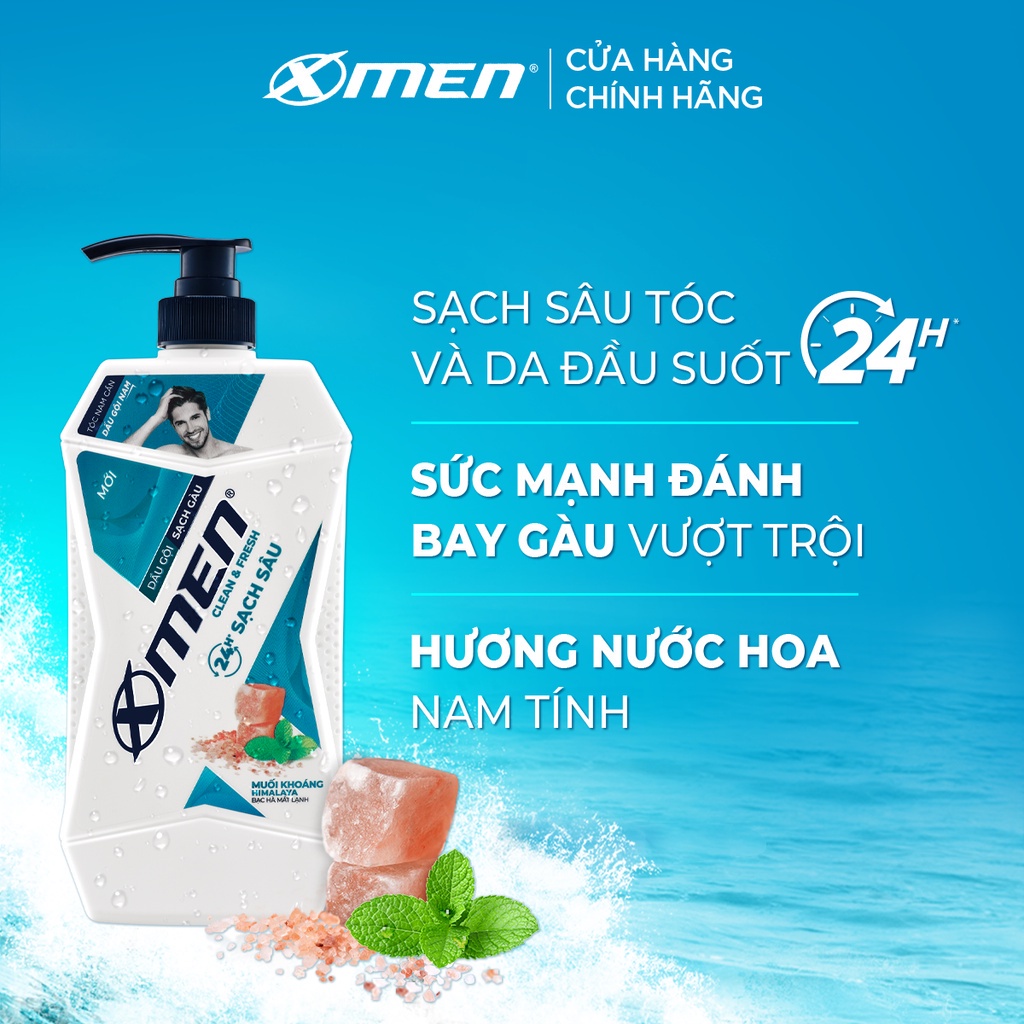 Combo Dầu gội Sạch Gàu X-Men Clean & Fresh 24h Sạch Sâu 630g và Nước hoa X-Men Wood 50ml
