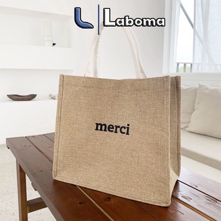 Túi cói tote vintage đi biển Merci tay nữ size lớn vải bố lanh cao cấp Hàn Quốc LABOMA TC002