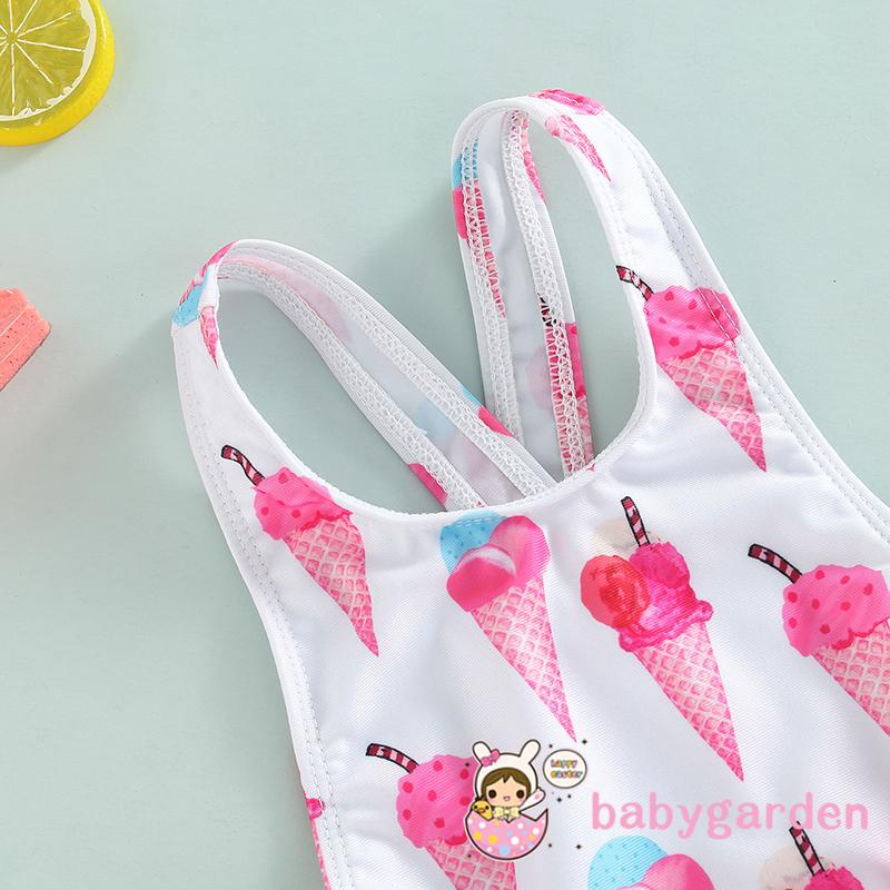 BABYGARDEN-1-6years Baby Girls One-Piece Swimwear, Sleeveless Doughnut/Ice Cream Printed Large Bowknot Ruffled Triangle