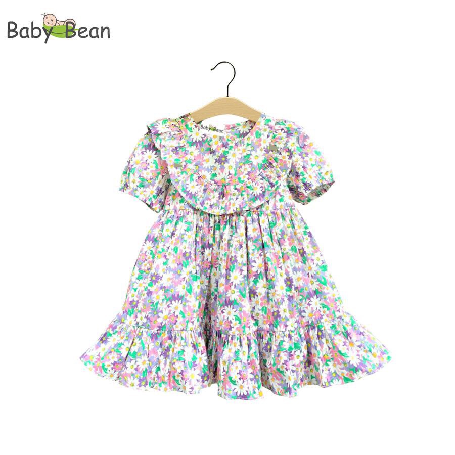 Đầm Cotton Hoa Bèo Đô Tay Nhúng Bé Gái BabyBean