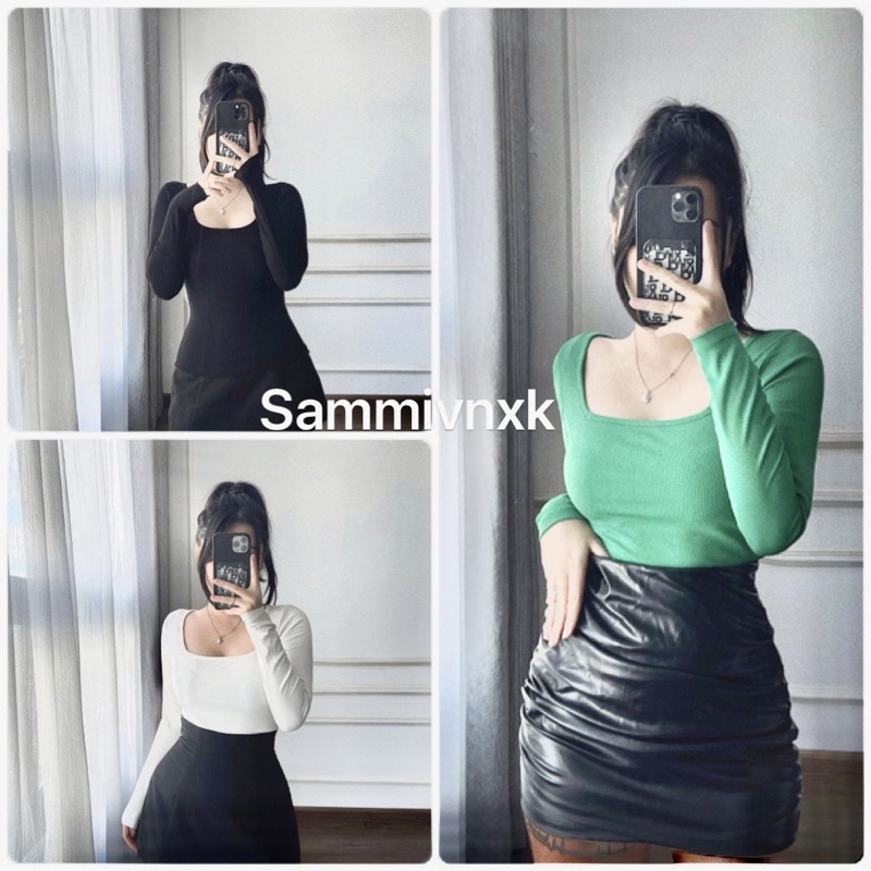 A07- Áo thun tăm cổ vuông body tay dài Sammivnxk☘️freeship