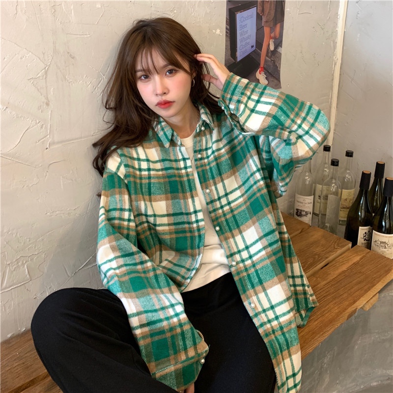 Áo sơ mi tay dài dáng rộng họa tiết caro phong cách Hàn Quốc thời trang cho nữ