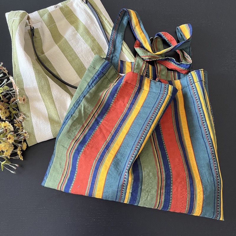 Túi Xách Vải Lanh Cotton Cỡ Lớn Họa Tiết Kẻ Sọc Cầu Vồng Phong Cách Retro