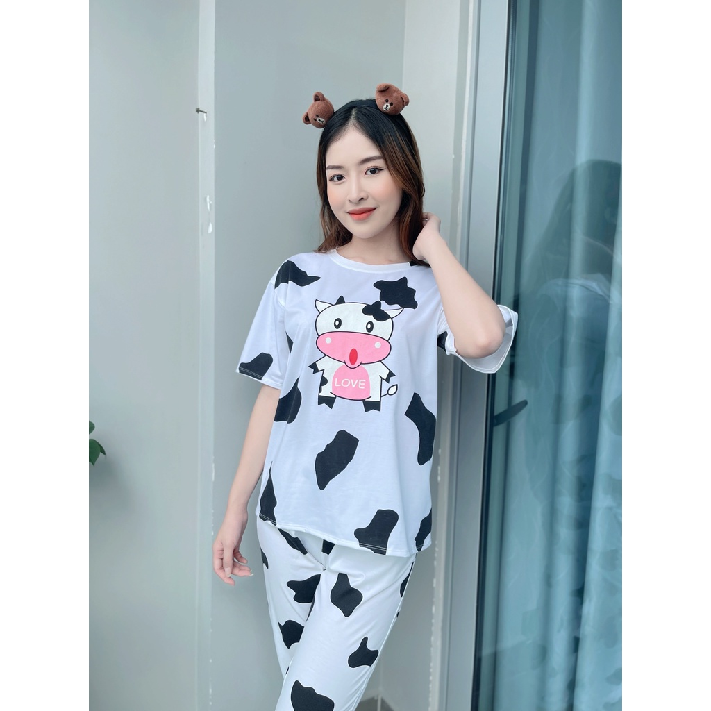 Đồ Bộ Nữ In hình con bò mặc nhà Cotton Form rộng thời trang cho mùa hè- Bộ ngủ - Bộ đồ mặc nhà _ Mh15