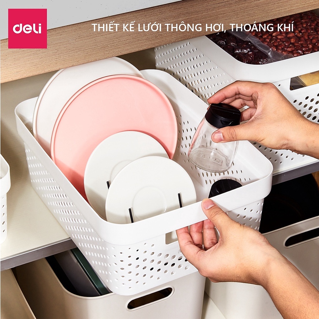 Giỏ nhựa lưới đựng đồ đa năng có nắp đậy cao cấp màu trắng - Deli