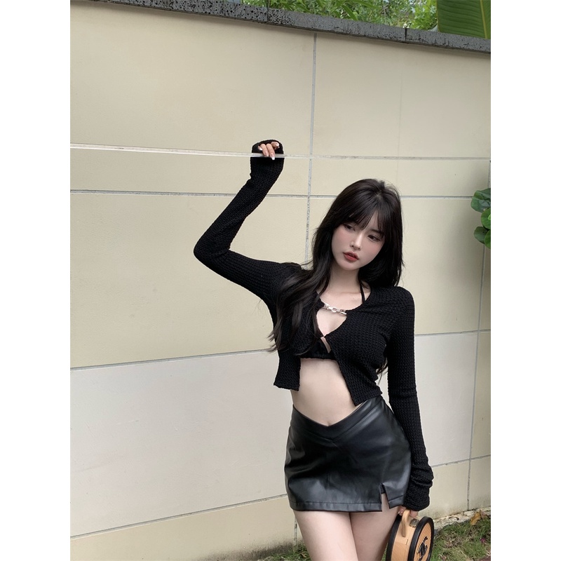 Set Áo Cardigan Ngắn Tay Dài + Chân Váy Xẻ Tà Thời Trang Cho Nữ