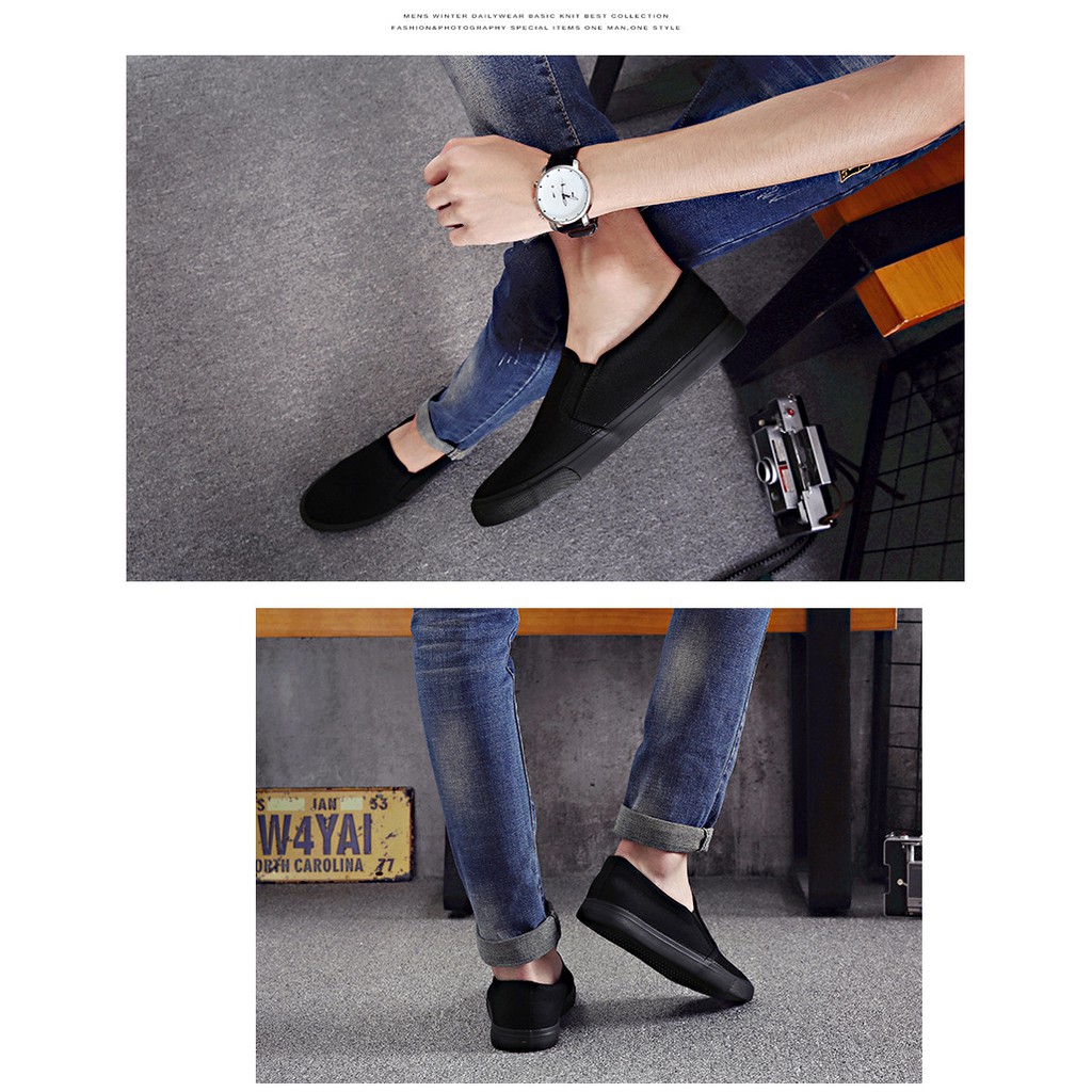 Slip on nam - Giày lười vải "little star" - Vải thô màu đen full - Mã A511 | BigBuy360 - bigbuy360.vn