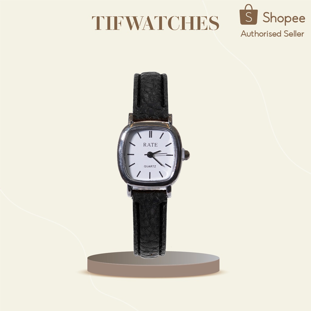Đồng hồ nữ dây da mặt vuông RATE đen mặt trắng đồng hồ nữ mặt nhỏ chính hãng Watchesbytif đẹp giá rẻ chống nước size 22