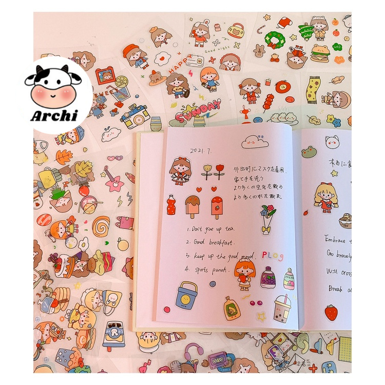 Hộp 100 tấm sticker cute trang trí dán tập vở, bình nước, bút nước