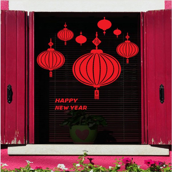 Decal trang trí tết - Lồng đèn đỏ lớn nhỏ kèm chữ HPNY