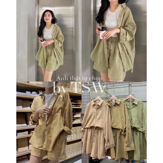 Set đũi linen áo sơ mi kèm short basic