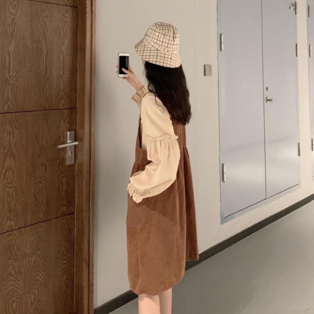 Set yếm babydoll nhung nâu kèm áo bèo ulzzang - Set váy babydoll kèm áo cổ bèo rời