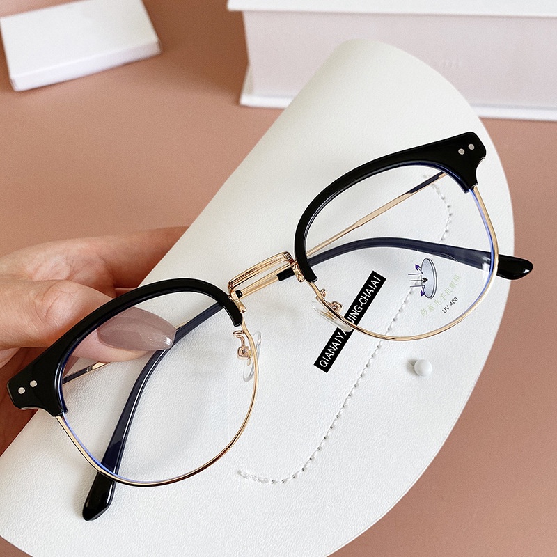 Mắt kính giả cận thời trang nữ nam gọng tròn cao cấp phong cách Hàn Quốc kính mát 0 độ chống ánh sáng xanh 048
