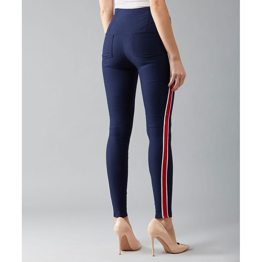 Quần Legging Nữ Bosimaz MS227 dài túi sau màu xanh navy sọc đỏ cao cấp, thun co giãn 4 chiều, vải đẹp dày, thoáng mát.