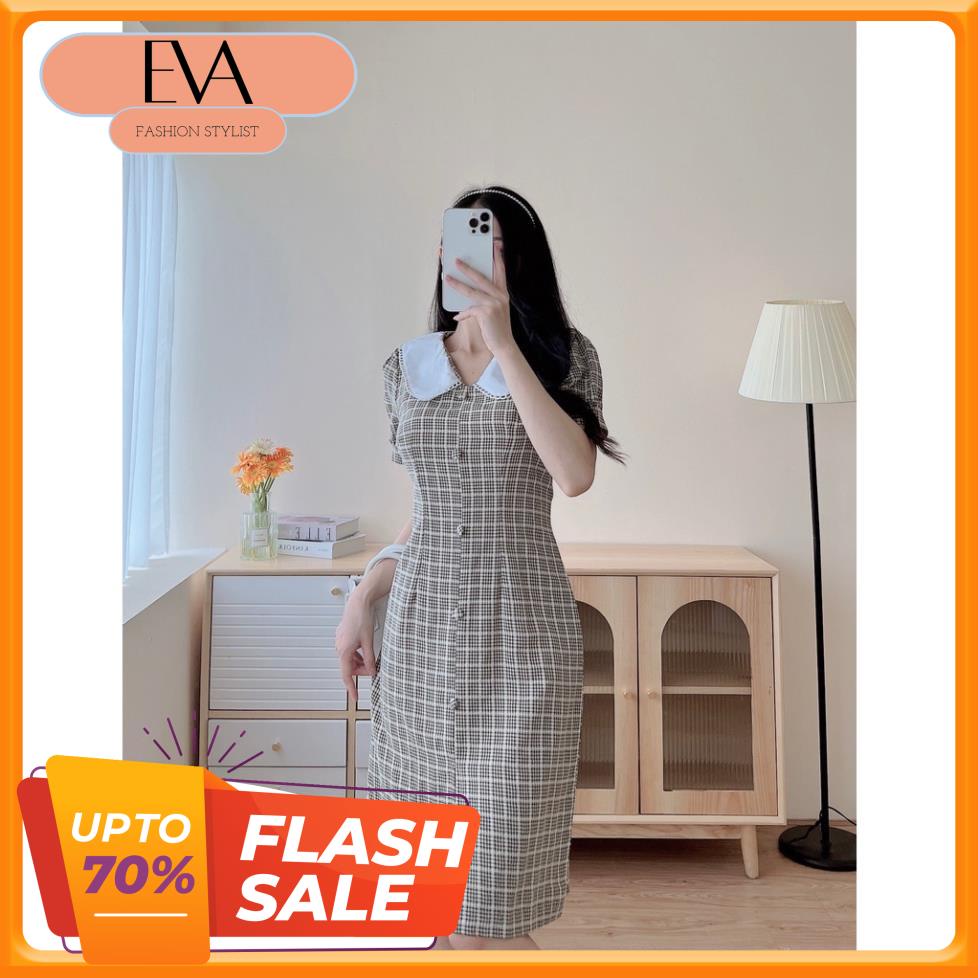 Váy kẻ caro cổ bẻ thêu ren chất liệu tơ xước giữ form dáng trên gối ton dáng tôn da trẻ trung Eva Fashion