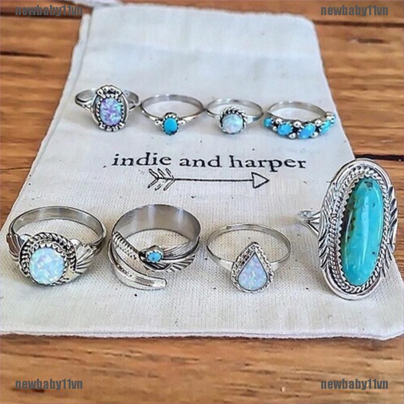 Set 8 Nhẫn Bạc Đính Đá Opal Ngọc Lam Phong Cách Bohemian