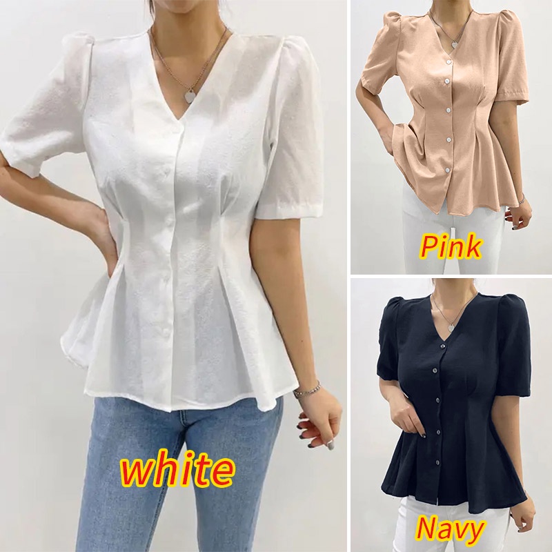 Áo sơ mi ZANZEA tay phồng cổ chữ V phong cách Hàn Quốc thanh lịch dành cho nữ