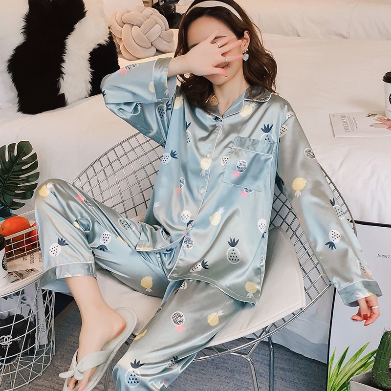 Bộ đồ ngủ vải lụa thời trang xuân thu kiểu Hàn Quốc dành cho nữ