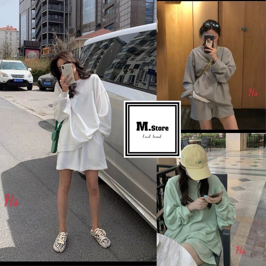 Set Bộ Đùi Phối Áo Thun Trơn Dài Tay From Suông Rộng Chất Da Cá Có Ảnh Thât và Video M.store