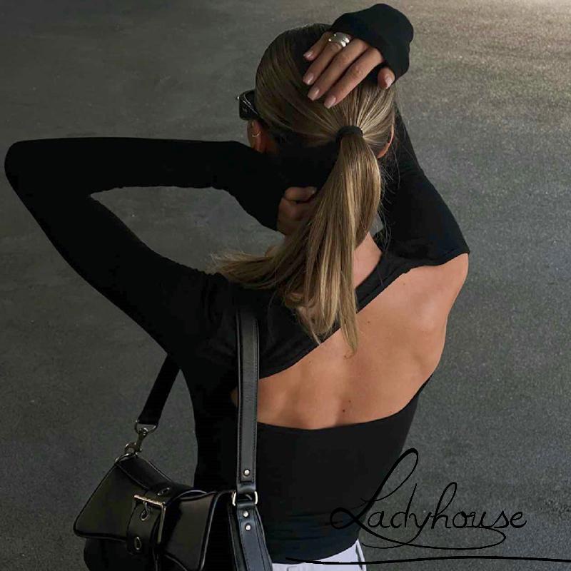 Áo Thun Crop Top Tay Dài Cổ Tròn Màu Trơn Thiết Kế Khoét Lưng Quyến Rũ