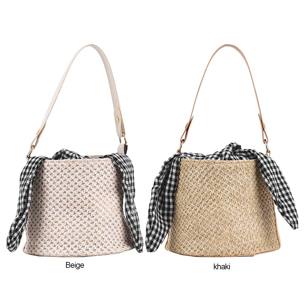 fiesta_Vintage Women PU Woven Crossbody Bag Beach Mini Bow Bucket Handbags Purse