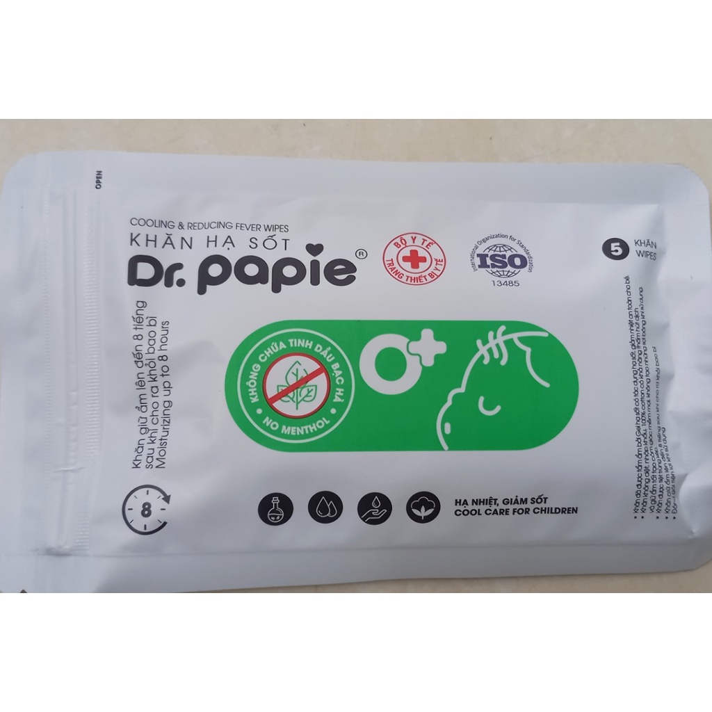 Túi 5 khăn lau hạ sốt dr. papie. Khăn lau thảo dược giúp hạ nhiệt, giảm đau , giảm sốt an toàn cho trẻ