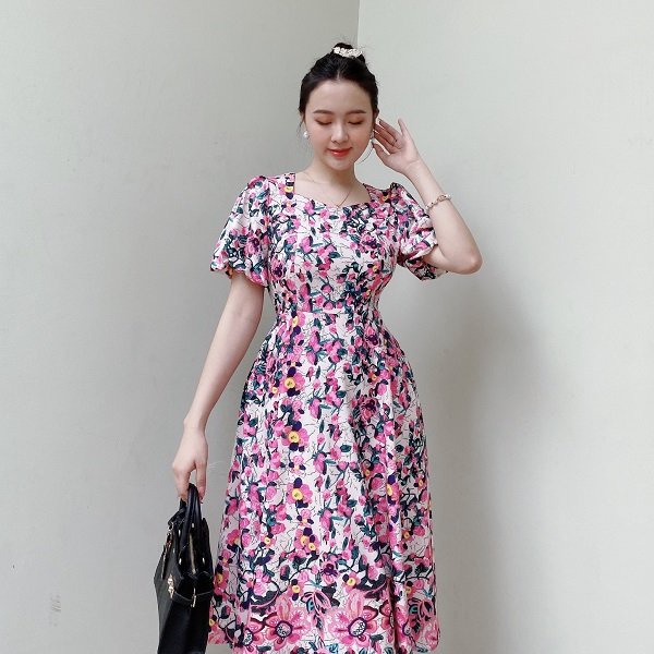 Đầm Hoa Công Sở Cổ Vuông Phối Hoa AKARA K153 Tay Phồng Full Size S, M, L,XL,XXL | BigBuy360 - bigbuy360.vn