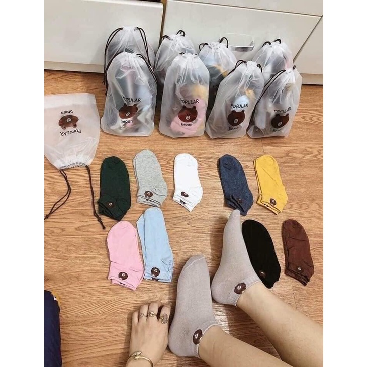 Combo 10 đôi tất nữ cổ ngắn hình gấu kute tặng kèm túi rút dễ thương