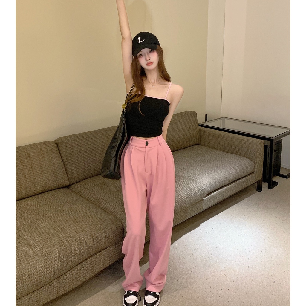 QKOOLE Quần dài  lưng cao ống suông rộng thời trang Hàn Quốc cho nữ