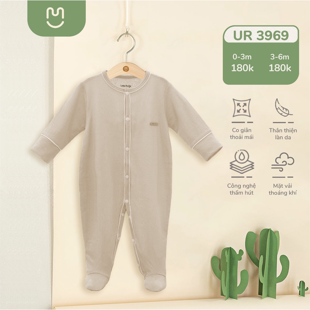 Bodysuit chùm chân cúc giữa Ualarogo 0-6 tháng vải cotton thấm hút dài tay