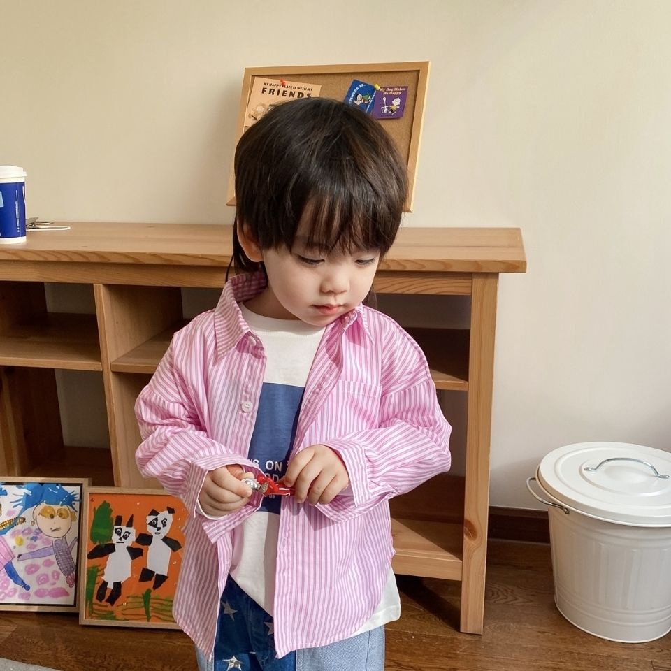 Áo Sơ Mi Tay Dài Kẻ Sọc Màu Hồng Thời Trang Mùa Xuân 2022 Cho Bé Trai