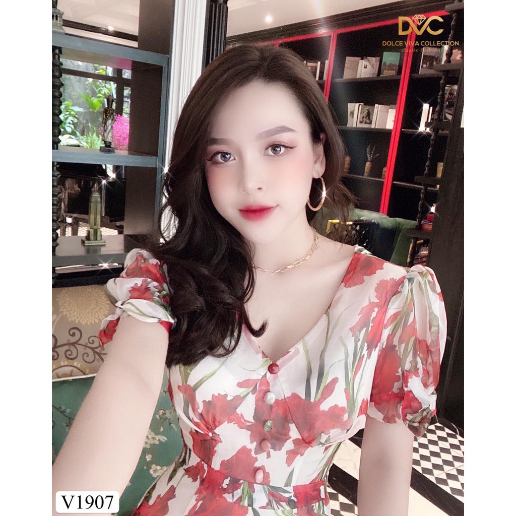 đầm maxi hoa đỏ cổ V tay ngắn V1907 - Đẹp Shop DVC