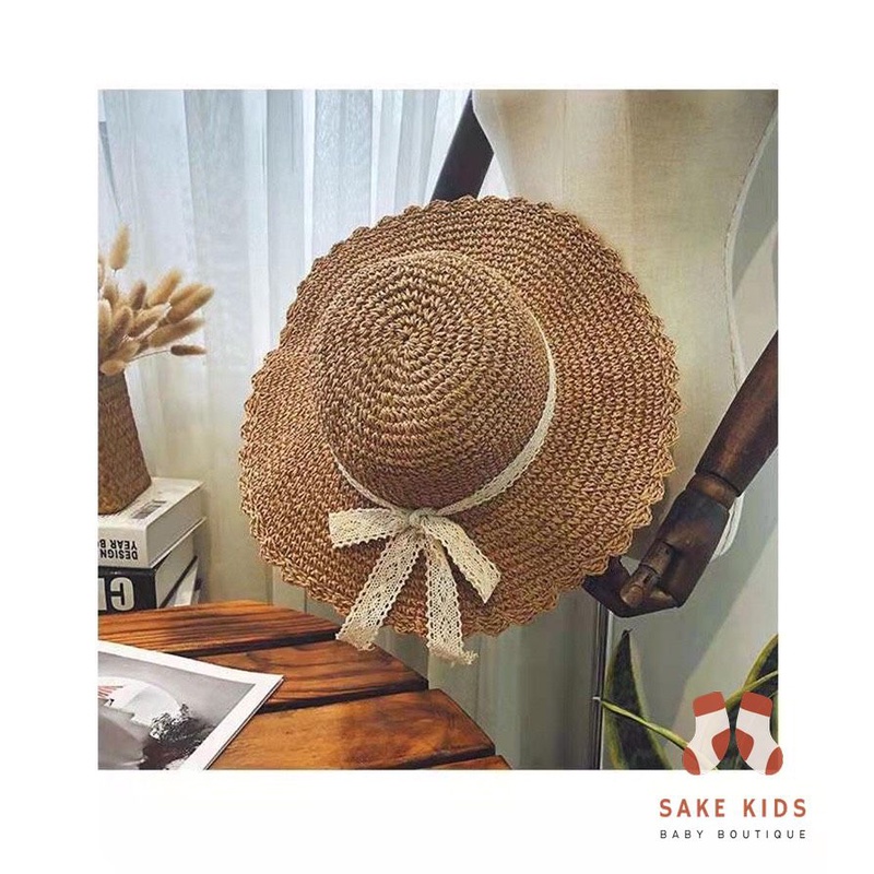 Mũ cói cho mẹ và bé, Set 2 mũ cói Viền Bèo phối dây ren cực điệu mùa hè đi biển phong cách Hàn Quốc mới nhất