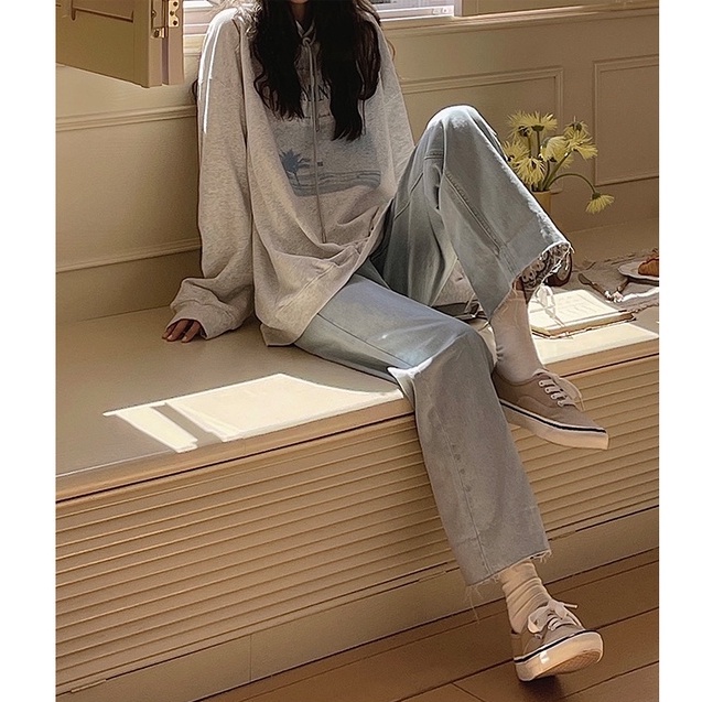 Áo hoodie tay dài dáng rộng màu xám thời trang phong cách Hàn Quốc cho nữ | BigBuy360 - bigbuy360.vn