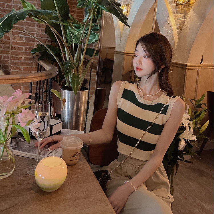 SUXI Áo Dệt Kim Sát Nách Cổ Tròn Dáng Ôm Họa Tiết Kẻ Sọc Thời Trang Mùa Hè Dễ Phối Đồ Cho Nữ