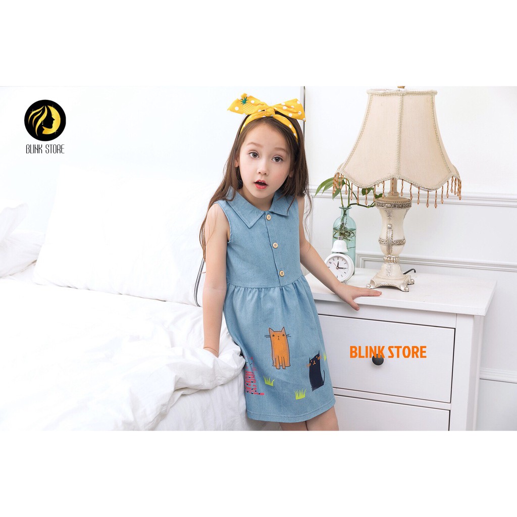 Váy đầm trẻ em liền thân màu xanh denim cổ  sơ mi chất liệu cotton mịn mát họa tiết mèo dễ thương cho bé từ 4-9 tuổi