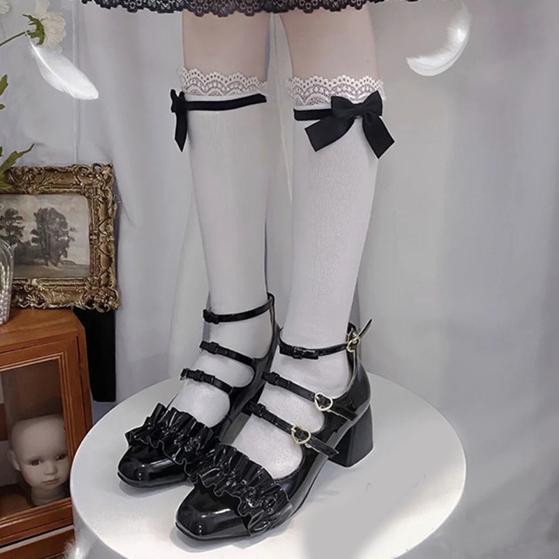 XIXI Tất Cotton Dài Qua Gối Họa Tiết Cô Hầu Gái Dễ Thương Phong Cách Lolita