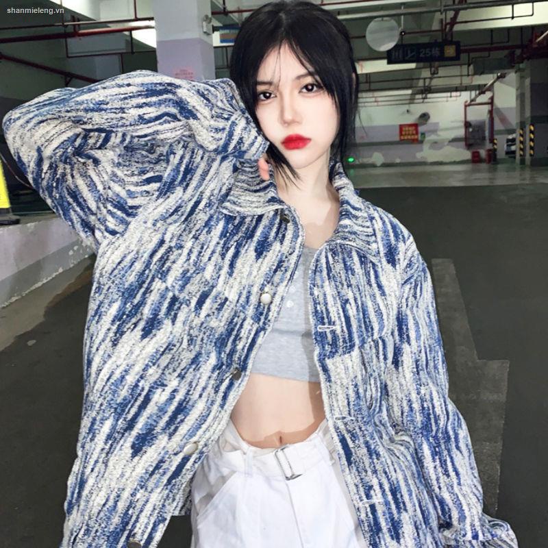 Áo khoác denim nhuộm màu dáng rộng phong cách harajuku Hàn Quốc cho nữ