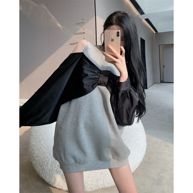 Áo sweater tay dài khoét lỗ trễ vai nỉ xám nơ đen form rộng giấu quần cổ tròn ulzzang