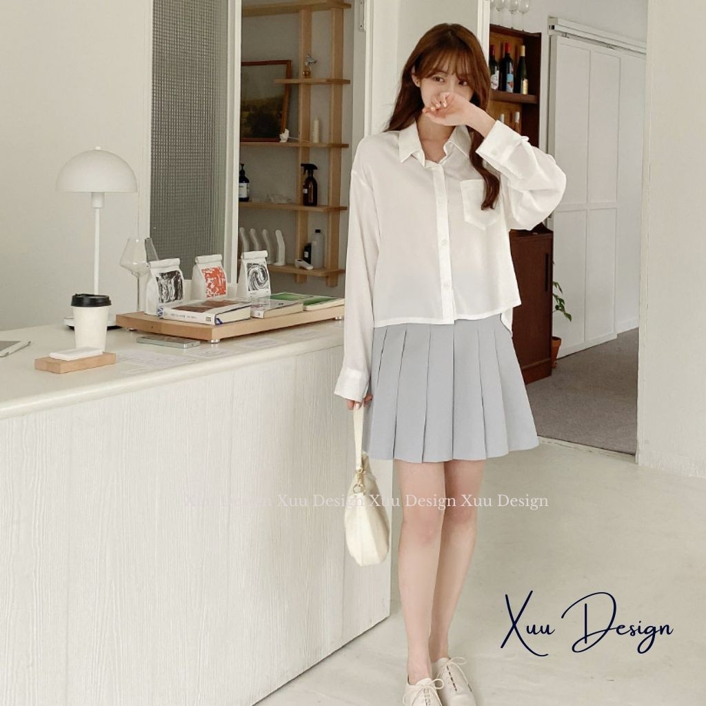 Áo sơ mi nữ dài tay Xuu Design, Áo croptop trắng dài tay form rộng túi ngực chất vải mềm mát ít nhăn SK01