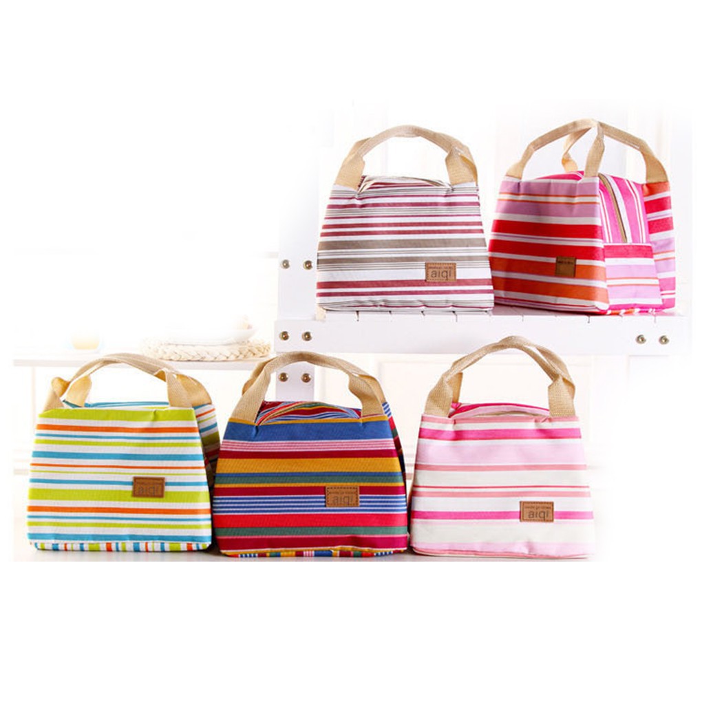 Canvas Stripe Thermal Bags Kids Baby Tote Picnic Lunchbox