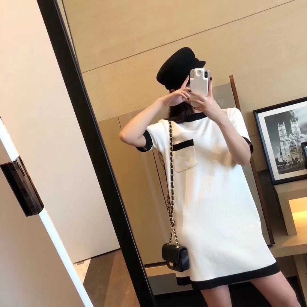 SUXI Đầm Dệt Kim Tay Ngắn Cổ Tròn Thiết Kế Đơn Giản Phong Cách Vintage