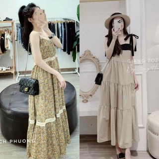 Váy bầu thiết kế 2 dây nhẹ mát freesize 45-75kg chất lụa hàn mỏng nhẹ