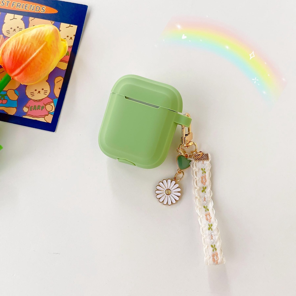 Vỏ Bảo Vệ Hộp Sạc Tai Nghe AirPods 1 2 pro 3 2021 gen3 Bluetooth Không Dây Bằng Silicon Tpu Mềm Màu Xanh Lá Phối Hoa Cúc Đơn Giản