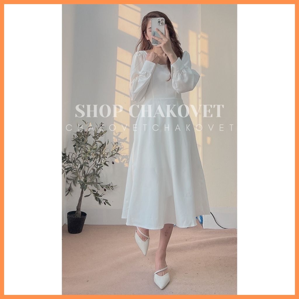 Đầm nữ cổ vuông màu trắng dài tay 2 lớp V8133, kiểu váy nữ dáng dài thanh lịch style hànquốc thiết kế chun sau có đai eo | BigBuy360 - bigbuy360.vn